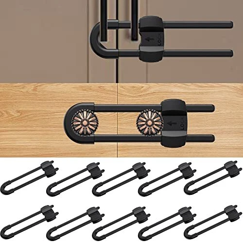 4 button Cabinet Locks, U-Shaped Proofing Drawers Safety (10 pack black)