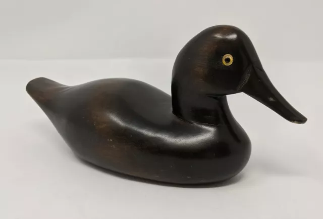 Hand Carved Duck Vintage Glass Eyes Brown Wooden Made In Taiwan Decor 10"