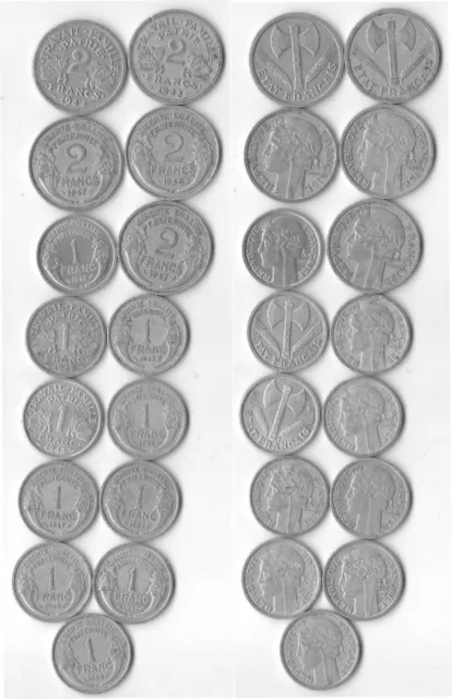 FRANCIA. LOTE DE 15 MONEDAS DIFERENTES DE 1 y 2 francos. décadas de 1940-1950