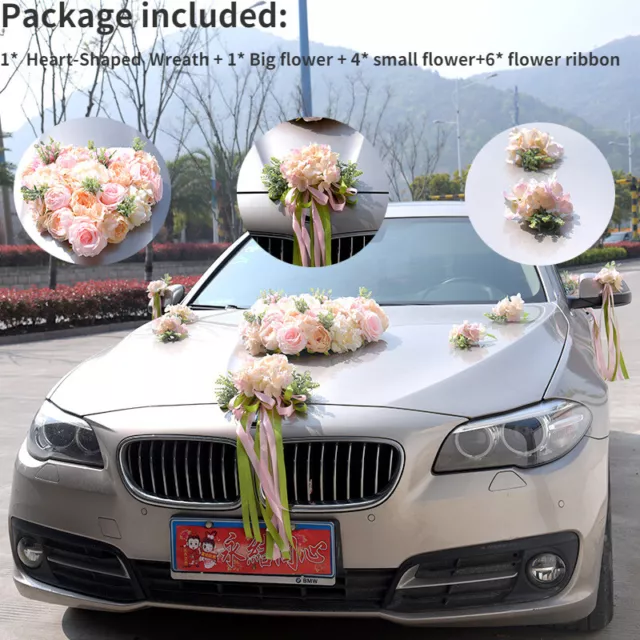 1 Set Fiore Artificiale Matrimonio Auto Decorazione Kit a Cuore Ghirlanda Fiocco