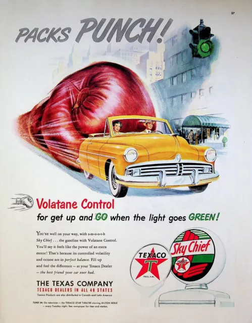 1951 Texaco Sky Chief Gasoline Vintage 1950s Print Ad Boxing Glove Packs Punch