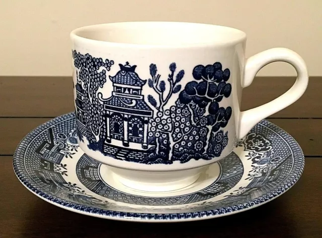 Retro 1980s CHURCHILL England BLUE WILLOW Flat Cup & Saucer (GEORGIAN SHAPE) AUS