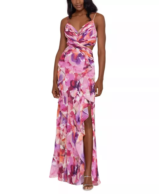 XSCAPE Gown Size 8 Chiffon Pink Floral Cut Out Ruched Ruffled Thigh Slit NWT 279