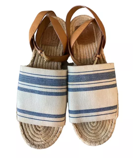 Tory Burch Womens Awning Striped Ivory Blue Espadrilles Sandals Shoes 9