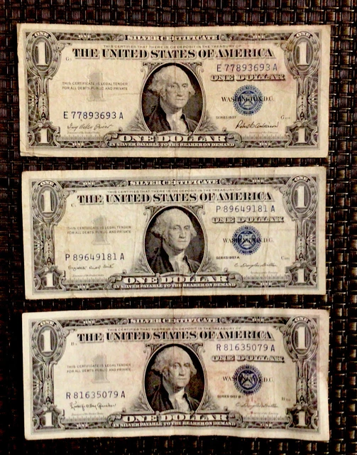 Set Of 3 (1) 1957 (1) 1957A & (1) 1957B One Dollar Blue Seal Silver Certificates