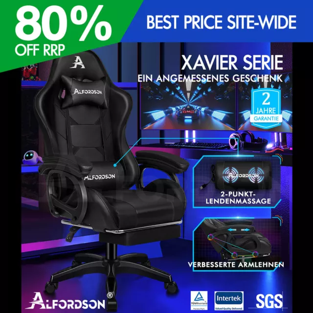 ALFORDSON Gaming Stuhl mit 2-Punkt Massage Bürostuhl mit Fußstütze Schwarz