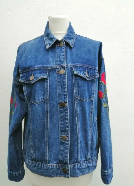 Blue Denim Embroidered Red Rose Western Jean Jacket Forever 21 Small
