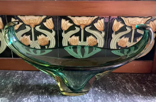 Stunning Vintage Murano Sommerso Green & Amber Art Glass Sculpture Bowl