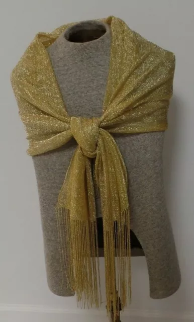 Metallic gold knit scarf or wrap, 21" x 80", 8" fringe, soft loose knit