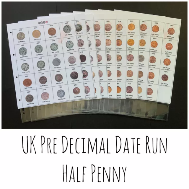 UK Pre Decimal Date Run Coin Collector's Folder Inserts Covering Half Penny