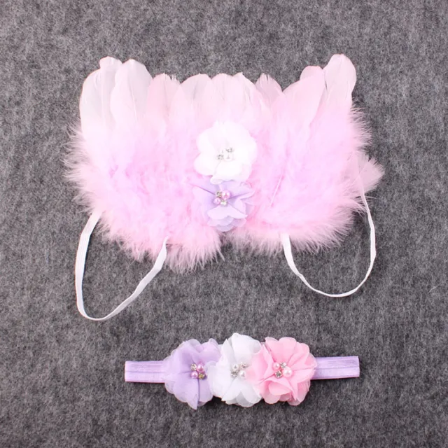 Baby Girl Infant Fancy Feather ANGEL WING Photography PROP +Flower headband