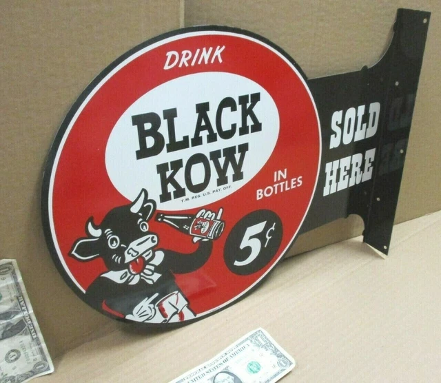 BLACK KOW -- In Bottles -- TWO SIDED TIN FLANGE COW SIGN -- Sticks Out From Wall