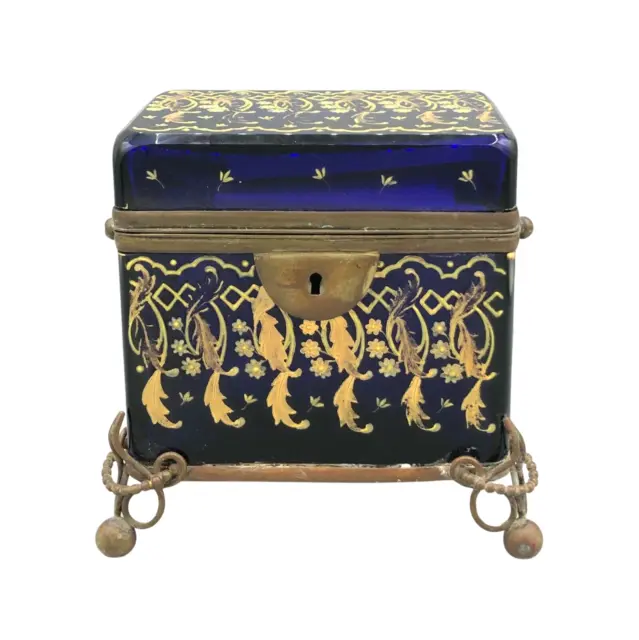19th c. Moser Bohemian Blue Enameled Glass Casket Hinged Box with Floral Enamel