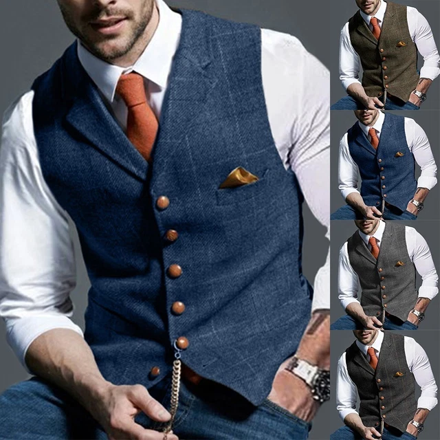 Gilet Uomo Tweed Gilet Verde Notch-Lapel Plaid-Vintage Canotta a Spina di Pesce,