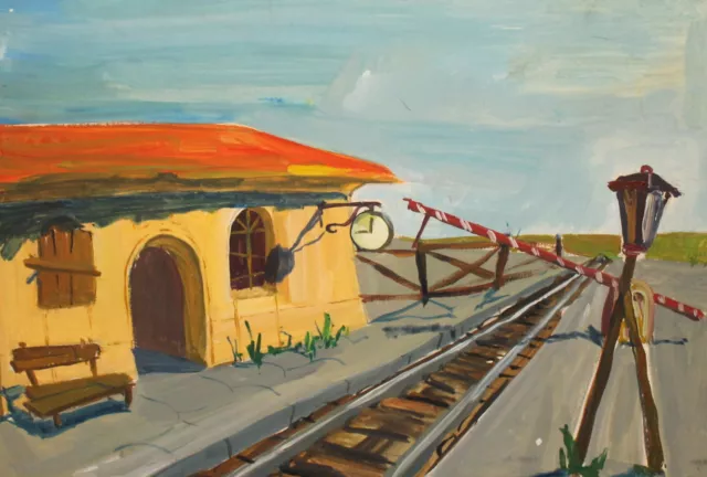 Vintage fauvist gouache painting landscape railroad train station