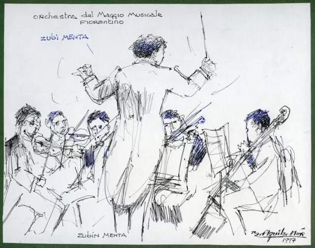 2 drawings of conductor Zubin Mehta,1997. By Spanish painter Ramon Aguilar Moré