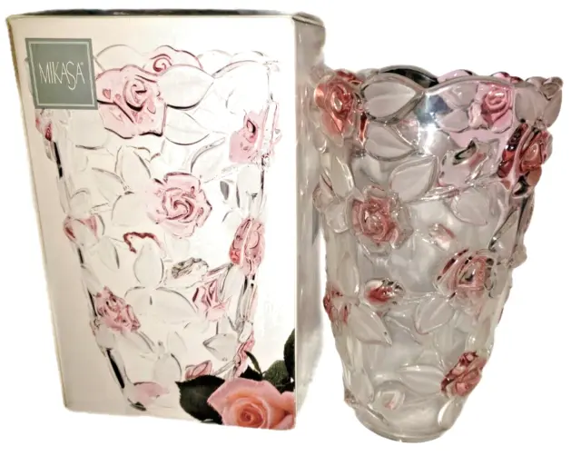 Mikasa BELLA ROSE Germany Frost Leaves Embossed Blush Scallop Conical  9.5" Vase