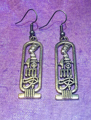 Egyptian Cartouche Goldplated Pierced Dangle Earrings, Nefertiti Horus Ma'at