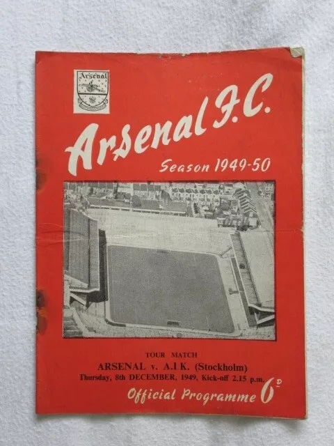 Football Programme Arsenal v AIK Stockholm Tour Match  1949/50