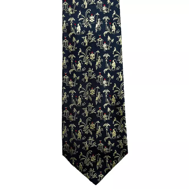 Salvatore Ferragamo Tie Japanese Print Silk Black Necktie Width 3 5/8"