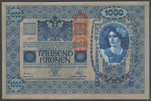 AUSTRIA 1000 Kronen Banknote 1902 (overprint DEUTSCHÖSTERREICH 1919) P-59 (XF)