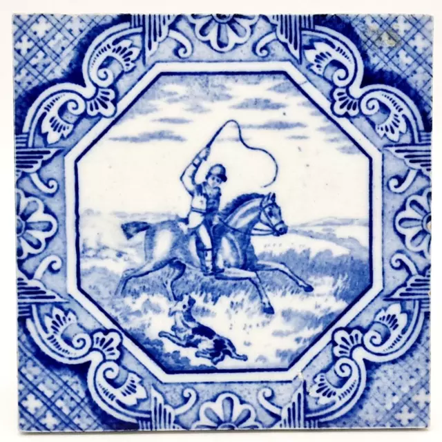 Antique Minton Hollins & Co Blue & White Hunting Design C1890