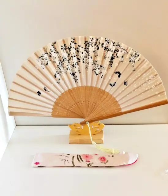 Japanese Silk Hand Fan - Cherry blossom n Sakura with Silk Fan Holder SSF061a