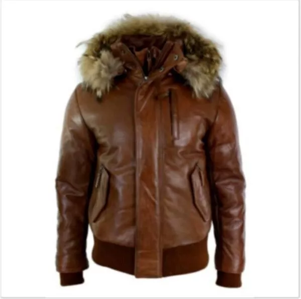 Men's Bomber Raccoon Fur Hoodie Double Collar Brown Sheepskin Leather Jacket