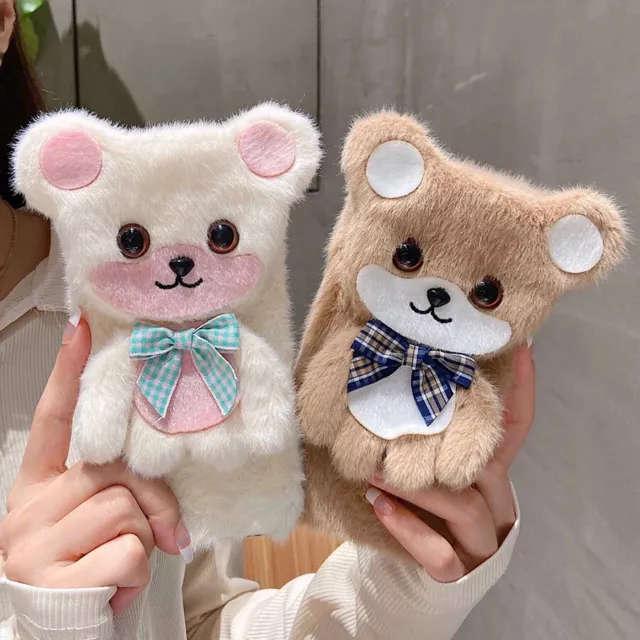 Cute Bear Warm Fur Fluffy Plush Soft Phone Case For iPhone 15 14 13 12 11 Cover