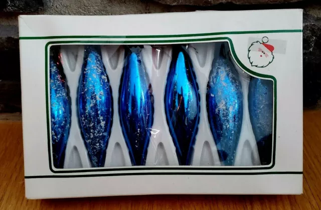 Set of 6 Christmas BLUE VTG Tree Ornaments Poland Glass teardrop  5"