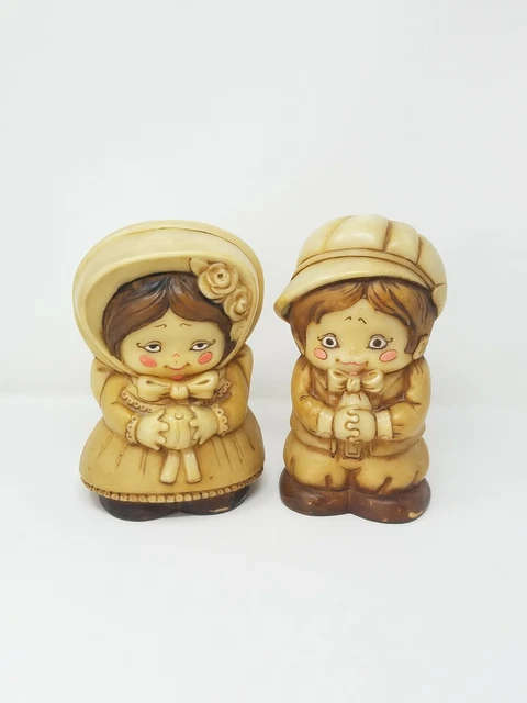 Vtg Moulé Plastique Figurine Pays Garçon & Fille Home Decor Main Peint