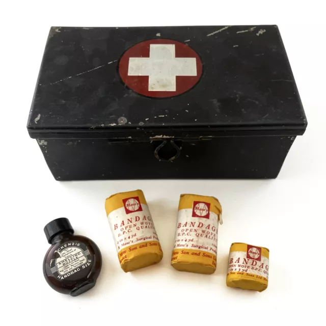 Vintage Metal First Aid Kit Box with Mackenzie Smelling Salts and Maw’s Bandages