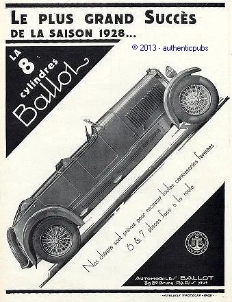 Publicite Automobile Ballot La 8 Cylindres 6&7 Places Art Deco De 1927 French Ad