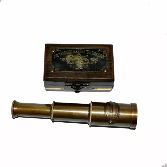 Antique Maritime brass royal navy telescope with wooden box collectible gift 6" 3
