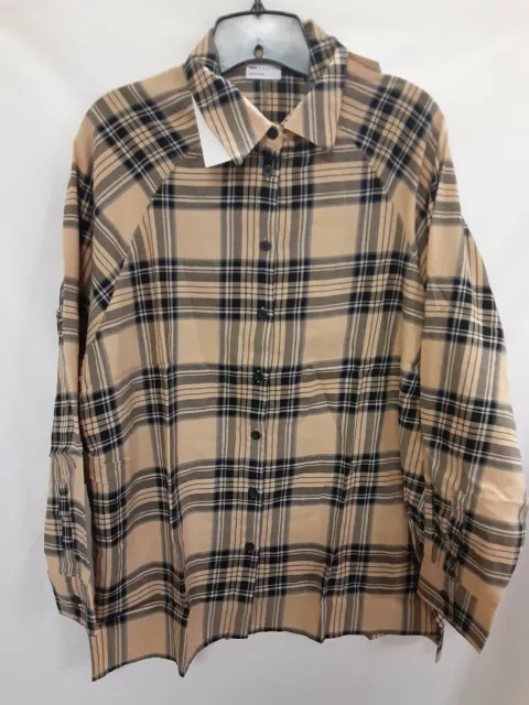 Asos Womens Tan Black Collared Boyfriend Shirt Check Long Sleeve Size 2