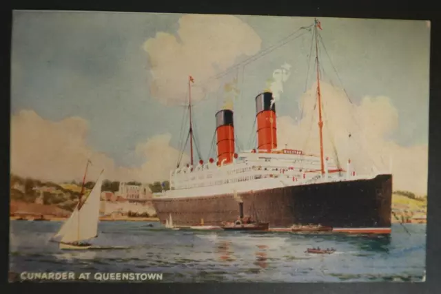 Cunarder at Queenstown Postcard Ocean Liner Boat Ship England Illustrated