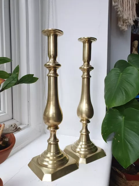 Antique Pair LARGE Brass Altar Candlesticks 16.25" / 41 Cm Tall CANDLE HOLDERS