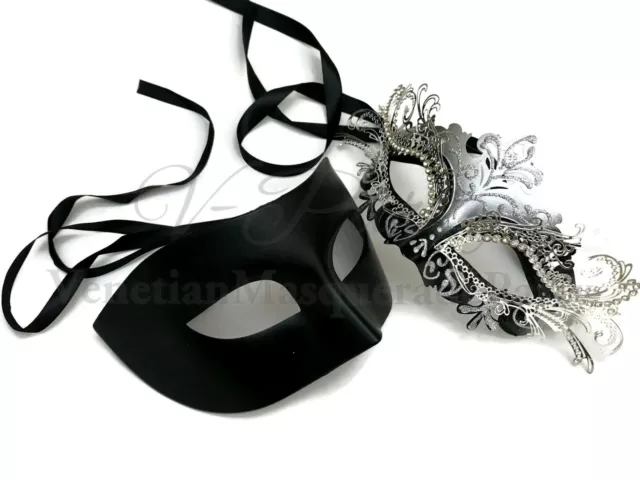 Silver Black Masquerade Ball Mask Pair Formal Black Tie Costume Dress up Party