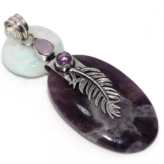 925 Silver Plated-Natural Amethyst Pink Chalcedony Cap Pendant Jewelry 3" GW