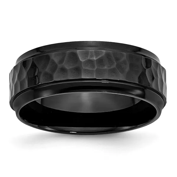 Stainless Steel Hammered Black 8mm Edge Wedding Band Ring