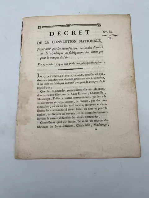 Portant que les manufactures nationales d'armes de la république... - 1792