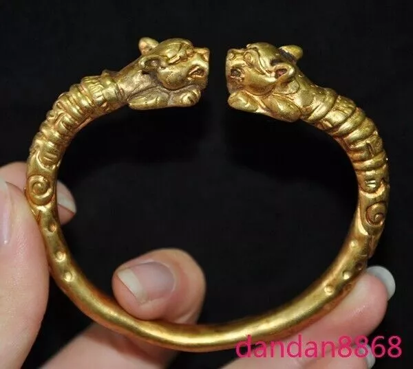 Old China Dynasty Palace Bronze gilt 24k gold Animal head Amulet bracelet Bangle