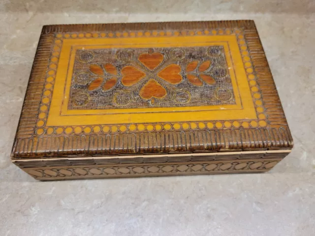 Vintage Hand Carved Wooden Box  Made In Poland Top Has Hearts  . Trinket Jewerly