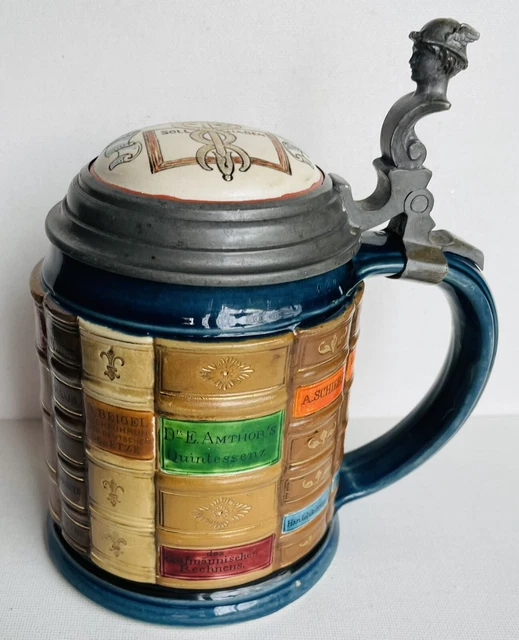 Vintage Mettlach Germany 1/2L Beer Book Stein Spirit of the Times Money Cash Lid