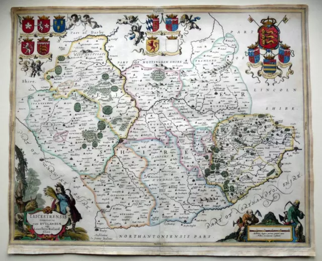 LEICESTER & RUTLAND BY JAN JANSSON c1646 GENUINE ANTIQUE ENGRAVED MAP