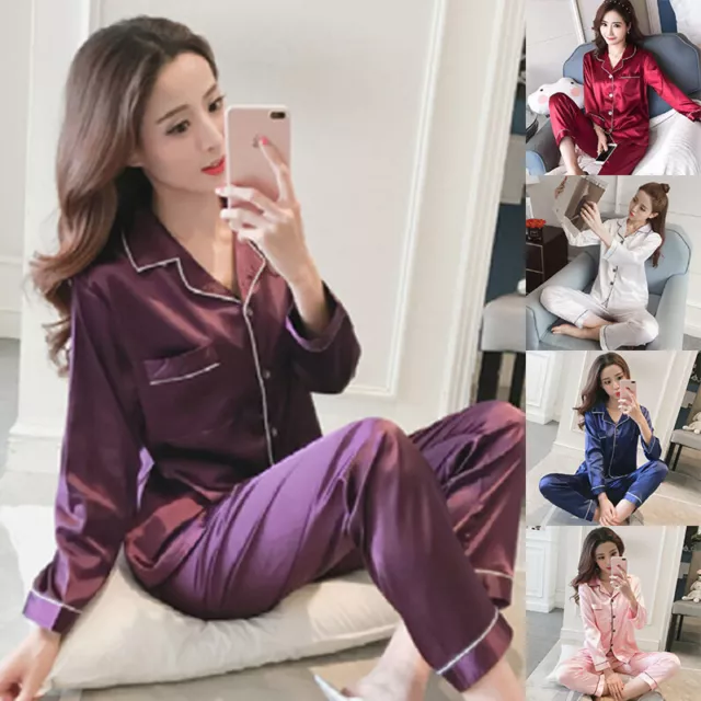 Womens Satin Pyjamas Ladies PJs Silk Long Sleeve Soft Nightwear Sleepwear Set