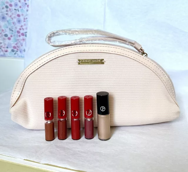 6PC Giorgio Armani Lip Maestro Liquid Lipsticks/Eye Tint Silk Eyeshadow & Pouch