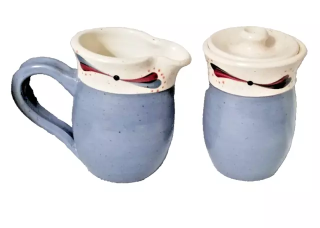 Set 2 Creamer and Sugar Dish Hand Thrown Stoneware Pottery Blue Hand Painted