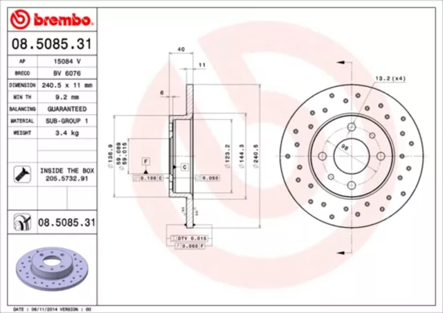 2x Bremsscheibe PRIME LINE - UV Coated BREMBO 08.5085.31 für ABARTH 500 595 500C