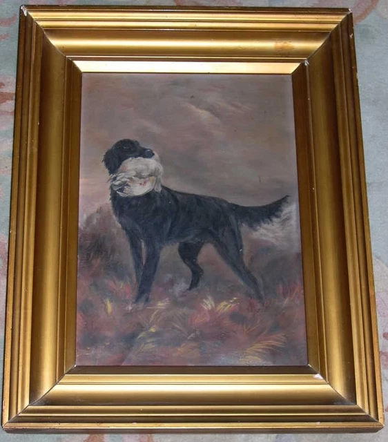 Rare Large Antique Flat Coat Retriever Dog Oil Painting Canvas 1915 Flat-Coated